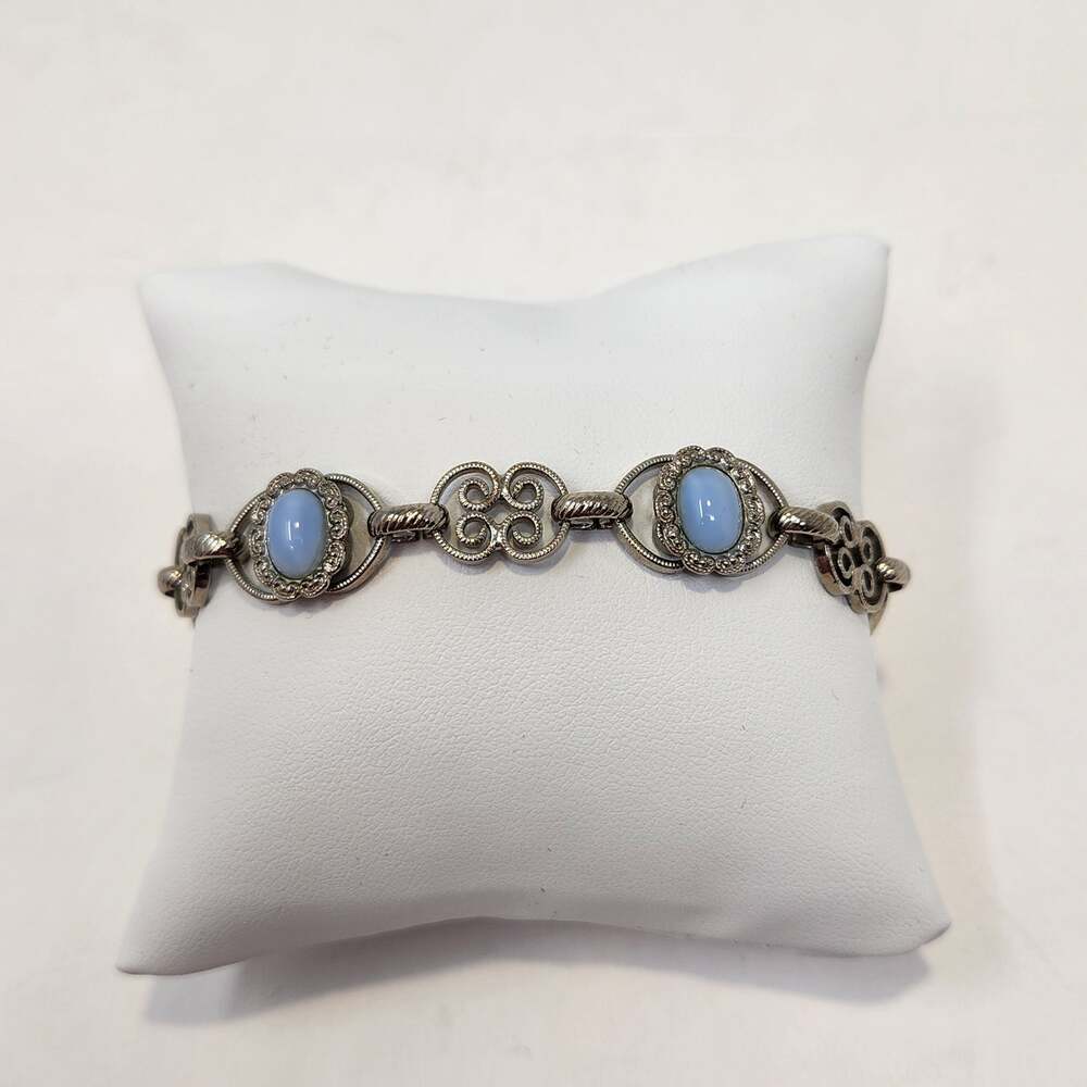 Vintage Blue Milk Glass Oval Cabochon Filigree Link Bracelet Scrollwork Ornate